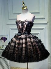  Black A-line Ruffled Layers and Belt Dress for Prom Backless Tulle Sleeveless Mini Length
