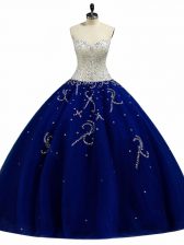 Fancy Sleeveless Tulle Floor Length Lace Up Quinceanera Dress in Royal Blue with Beading
