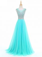  Floor Length Side Zipper Homecoming Dress Aqua Blue for Prom and Party and Military Ball and Sweet 16 with Beading