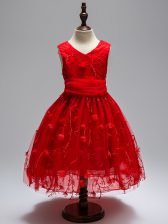 Suitable Tulle V-neck Sleeveless Zipper Appliques Flower Girl Dress in Wine Red
