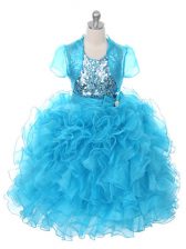  Baby Blue Organza Lace Up Womens Party Dresses Sleeveless Floor Length Ruffles and Sequins and Bowknot