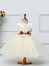  Champagne Zipper Kids Formal Wear Lace and Bowknot Sleeveless Knee Length