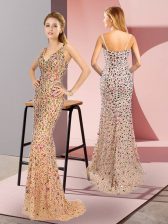 New Style Champagne Prom Party Dress Prom and Military Ball with Beading Straps Sleeveless Brush Train Zipper
