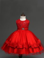  Red Sleeveless Knee Length Lace and Bowknot Zipper Little Girls Pageant Gowns