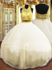 Glittering Halter Top Sleeveless Zipper Quinceanera Gown Champagne Tulle
