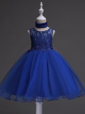 High Quality Organza Scoop Sleeveless Zipper Beading and Lace Little Girl Pageant Dress in Royal Blue