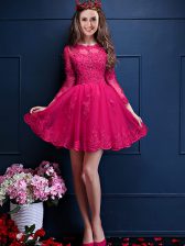  Hot Pink Lace Up Scalloped Beading and Lace and Appliques Damas Dress Chiffon 3 4 Length Sleeve