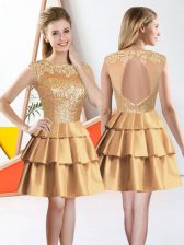 Popular Knee Length Gold Quinceanera Dama Dress Bateau Sleeveless Backless