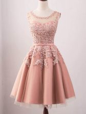 Edgy A-line Quinceanera Court of Honor Dress Pink Scoop Tulle Sleeveless Knee Length Lace Up