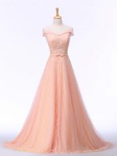  Peach Tulle Lace Up Off The Shoulder Sleeveless Prom Gown Brush Train Beading and Lace and Belt