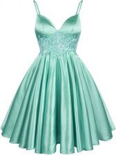  Apple Green Lace Up Spaghetti Straps Lace Court Dresses for Sweet 16 Elastic Woven Satin Sleeveless