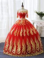 Smart Red Ball Gowns Appliques Vestidos de Quinceanera Lace Up Printed Half Sleeves Floor Length
