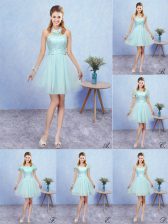 Elegant Halter Top Cap Sleeves Court Dresses for Sweet 16 Mini Length Appliques Aqua Blue Tulle