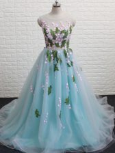 Glamorous Brush Train A-line Prom Dresses Aqua Blue Scoop Tulle Sleeveless Backless