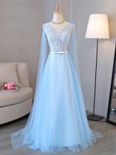  Baby Blue Tulle Lace Up Prom Evening Gown Long Sleeves Beading and Belt