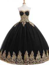  Black Tulle Lace Up Strapless Sleeveless Floor Length Quinceanera Dress Appliques
