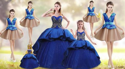 Superior Blue Sleeveless Beading and Appliques and Embroidery Lace Up Sweet 16 Dresses