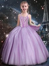 Sexy Lilac Straps Neckline Beading Flower Girl Dresses for Less Sleeveless Lace Up