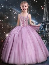 Best Rose Pink Lace Up Toddler Flower Girl Dress Beading Sleeveless Floor Length