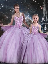  Lavender Ball Gowns Beading 15 Quinceanera Dress Lace Up Tulle Sleeveless Floor Length