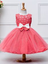  Lace and Bowknot Flower Girl Dresses Coral Red Zipper Sleeveless Knee Length