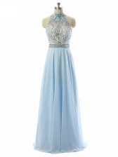  Light Blue Halter Top Neckline Beading Dress for Prom Sleeveless Backless