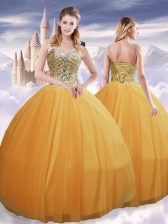 Low Price Spaghetti Straps Sleeveless Lace Up Quinceanera Dress Gold Tulle