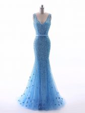 Modest Sleeveless Tulle Floor Length Zipper Evening Dress in Baby Blue with Beading and Belt and Hand Made Flower