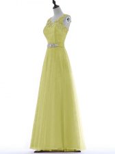  Yellow Sleeveless Beading and Lace and Appliques Floor Length Prom Evening Gown