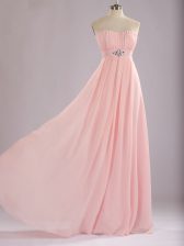 Flirting Beading and Ruching Quinceanera Court of Honor Dress Baby Pink Zipper Sleeveless Floor Length