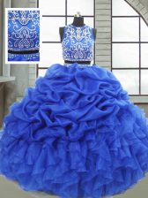 Royal Blue Organza Zipper 15 Quinceanera Dress Sleeveless Floor Length Beading and Ruffles and Pick Ups