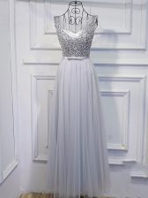  Grey Empire Beading and Sequins Lace Up Tulle Sleeveless Floor Length
