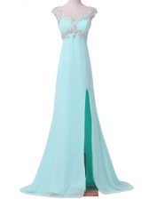 Shining Cap Sleeves Chiffon Backless Dress for Prom in Aqua Blue with Beading