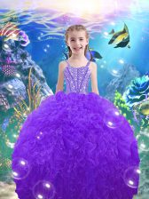  Floor Length Lace Up Girls Pageant Dresses Eggplant Purple for Quinceanera and Wedding Party with Beading and Ruffles