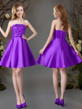 Romantic Eggplant Purple A-line Satin Strapless Sleeveless Beading Mini Length Lace Up Quinceanera Dama Dress