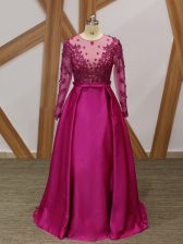 Free and Easy Fuchsia Empire One Shoulder Long Sleeves Elastic Woven Satin Floor Length Zipper Beading and Appliques and Belt 