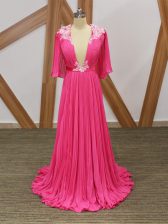Inexpensive Hot Pink Backless Dress for Prom Lace and Appliques and Pleated Half Sleeves Sweep Train