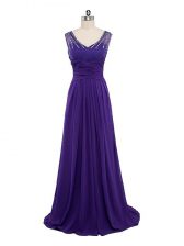  Purple V-neck Side Zipper Beading and Ruching Prom Gown Sleeveless