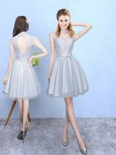  Silver Lace Up Quinceanera Court of Honor Dress Lace Sleeveless Knee Length