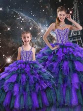  Floor Length Lace Up Quinceanera Gown Multi-color for Military Ball and Sweet 16 and Quinceanera with Beading and Ruffles and Ruffled Layers
