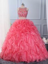 Super Scoop Sleeveless Lace Up Quinceanera Dress Hot Pink Organza