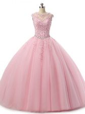 Stylish Floor Length Baby Pink Sweet 16 Quinceanera Dress Scoop Sleeveless Lace Up