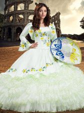  Long Sleeves Floor Length Embroidery and Ruffled Layers Lace Up Quince Ball Gowns with White
