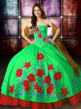 Enchanting Strapless Sleeveless Quince Ball Gowns Floor Length Embroidery Multi-color Satin