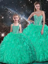  Turquoise Ball Gowns Organza Sweetheart Sleeveless Beading and Ruffles Floor Length Lace Up Quinceanera Dress