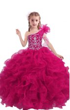 Charming Fuchsia Lace Up Little Girls Pageant Dress Wholesale Beading and Ruffles Sleeveless Floor Length