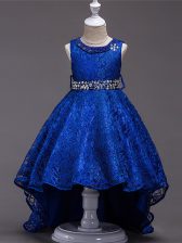 Affordable High Low Royal Blue Kids Formal Wear Scoop Sleeveless Lace Up