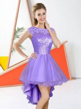 High End Lavender A-line Beading and Lace Dama Dress for Quinceanera Backless Organza Sleeveless High Low