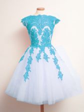 New Style Blue And White Tulle Lace Up Dama Dress for Quinceanera Sleeveless Knee Length Appliques