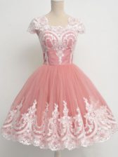  Cap Sleeves Knee Length Lace Zipper Quinceanera Court of Honor Dress with Peach